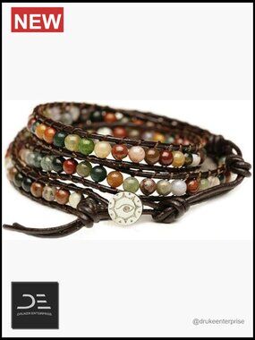Genuine Leather Wrap Bracelet with India Agate and Stainless Steel Button